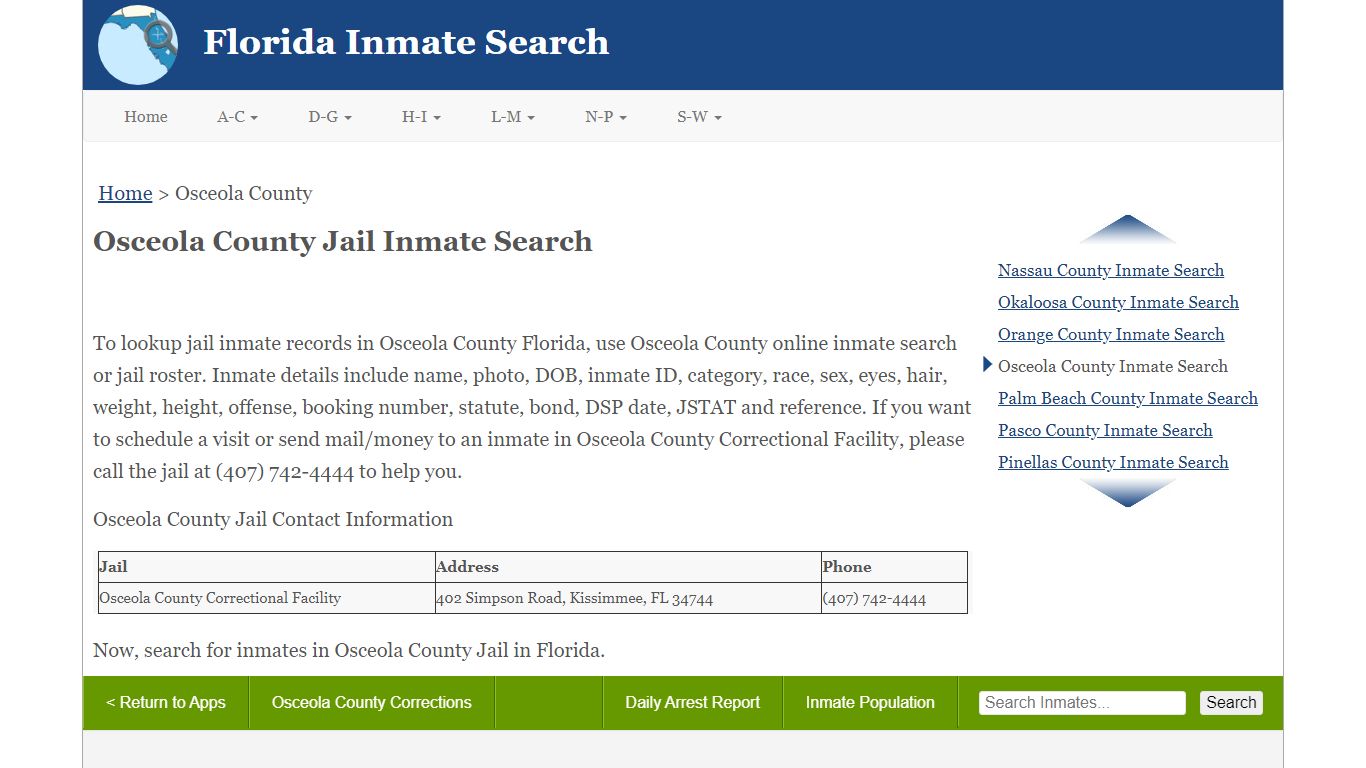 Osceola County FL Jail Inmate Search